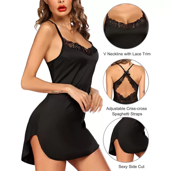 Avidlove Lingerie for Women Satin Lace Chemise Nightgown Sexy Silk Babydoll Sleepwear DressBlack