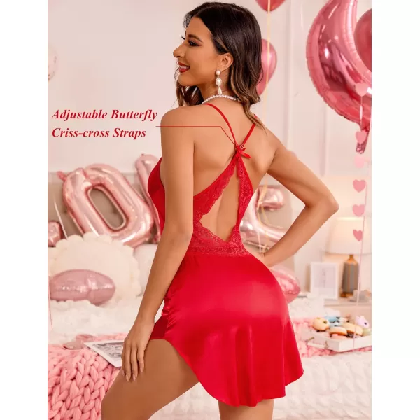Avidlove Lingerie for Women Satin Lace Chemise Nightgown Sexy Silk Babydoll Sleepwear DressClassic Red