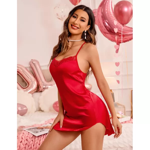Avidlove Lingerie for Women Satin Lace Chemise Nightgown Sexy Silk Babydoll Sleepwear DressClassic Red