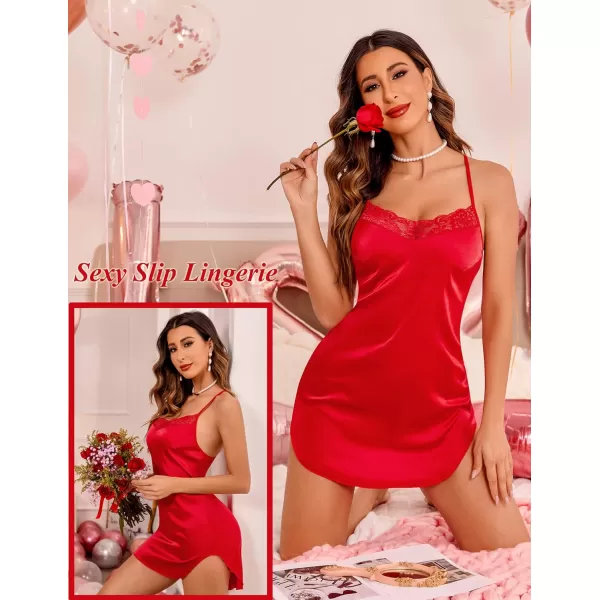 Avidlove Lingerie for Women Satin Lace Chemise Nightgown Sexy Silk Babydoll Sleepwear DressClassic Red