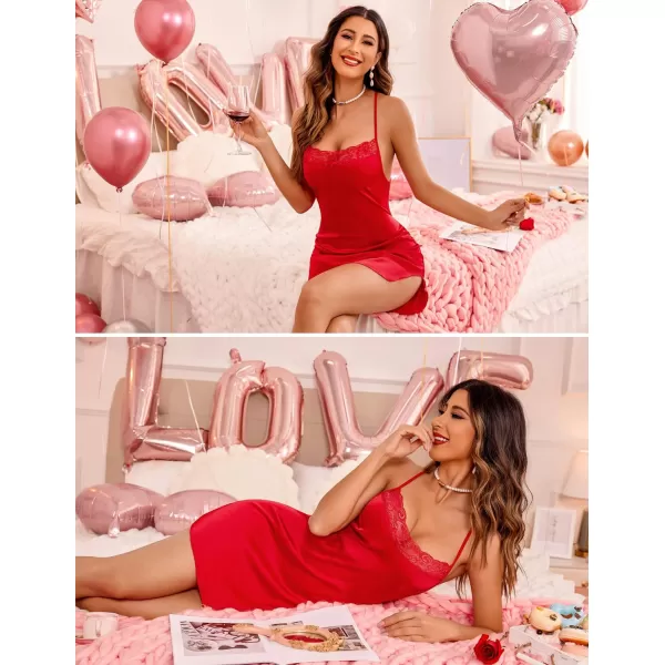 Avidlove Lingerie for Women Satin Lace Chemise Nightgown Sexy Silk Babydoll Sleepwear DressClassic Red