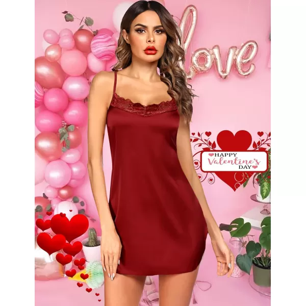 Avidlove Lingerie for Women Satin Lace Chemise Nightgown Sexy Silk Babydoll Sleepwear DressWine Red