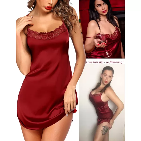 Avidlove Lingerie for Women Satin Lace Chemise Nightgown Sexy Silk Babydoll Sleepwear DressWine Red