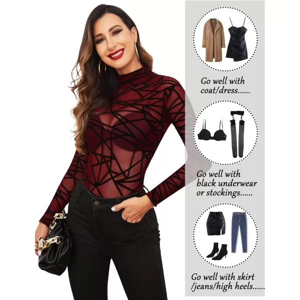 Avidlove Long Sleeve Bodysuit for Women Turtleneck Sheer Mesh Bodysuit Geo Print LeotardsLong Sleeve 1wine Red