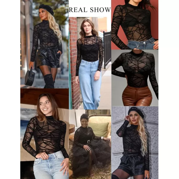 Avidlove Long Sleeve Bodysuit for Women Turtleneck Sheer Mesh Bodysuit Geo Print LeotardsLong Sleeve Black