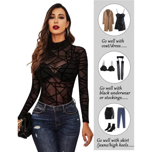 Avidlove Long Sleeve Bodysuit for Women Turtleneck Sheer Mesh Bodysuit Geo Print LeotardsLong Sleeve Black