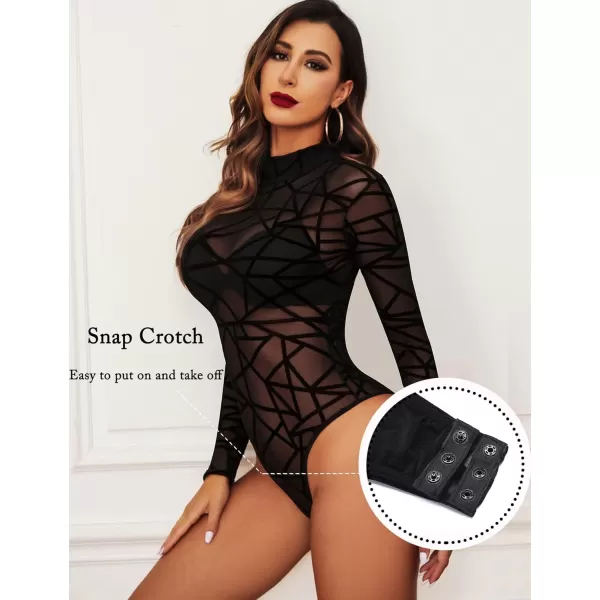 Avidlove Long Sleeve Bodysuit for Women Turtleneck Sheer Mesh Bodysuit Geo Print LeotardsLong Sleeve Black