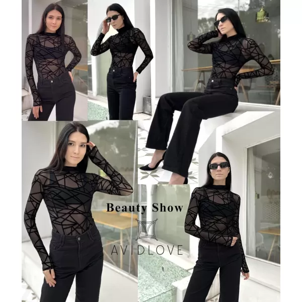 Avidlove Long Sleeve Bodysuit for Women Turtleneck Sheer Mesh Bodysuit Geo Print LeotardsLong Sleeve Black