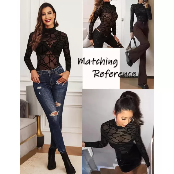 Avidlove Long Sleeve Bodysuit for Women Turtleneck Sheer Mesh Bodysuit Geo Print LeotardsLong Sleeve Black