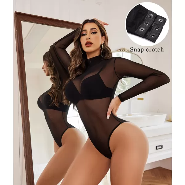 Avidlove Long Sleeve Bodysuit for Women Turtleneck Sheer Mesh Bodysuit Geo Print LeotardsLong Sleeve Black02