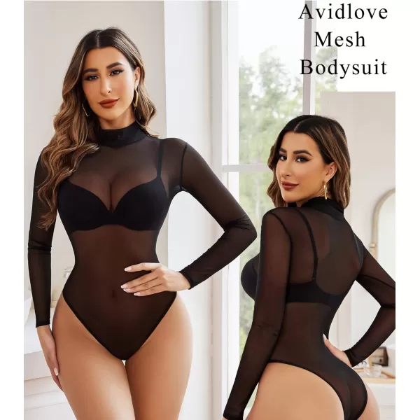 Avidlove Long Sleeve Bodysuit for Women Turtleneck Sheer Mesh Bodysuit Geo Print LeotardsLong Sleeve Black02