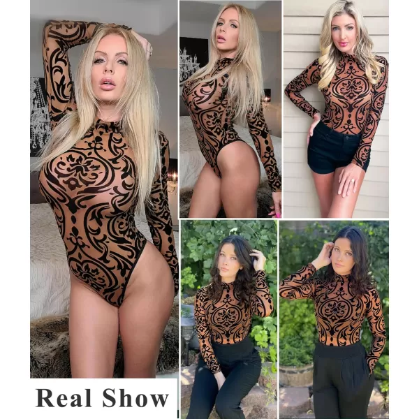 Avidlove Long Sleeve Bodysuit for Women Turtleneck Sheer Mesh Bodysuit Geo Print LeotardsLong Sleeve Brown Baroque