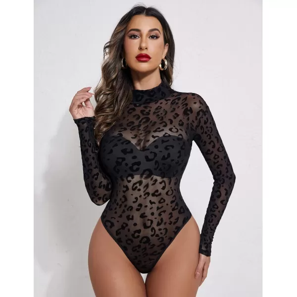 Avidlove Long Sleeve Bodysuit for Women Turtleneck Sheer Mesh Bodysuit Geo Print LeotardsLong Sleeve Leopard Print