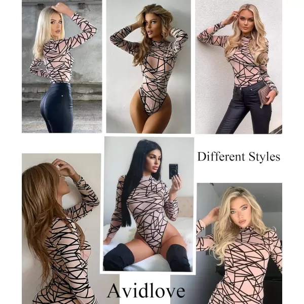 Avidlove Long Sleeve Bodysuit for Women Turtleneck Sheer Mesh Bodysuit Geo Print LeotardsLong Sleeve Nudelong Sleeve