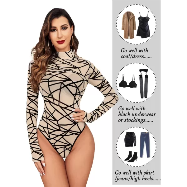 Avidlove Long Sleeve Bodysuit for Women Turtleneck Sheer Mesh Bodysuit Geo Print LeotardsLong Sleeve Nudelong Sleeve