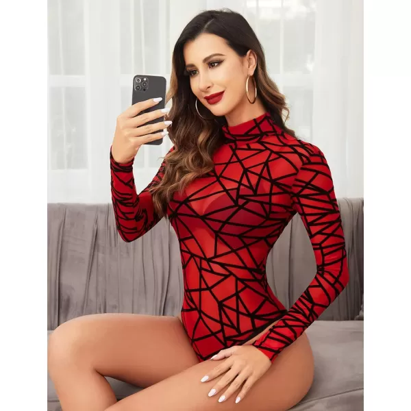 Avidlove Long Sleeve Bodysuit for Women Turtleneck Sheer Mesh Bodysuit Geo Print LeotardsLong Sleeve Red