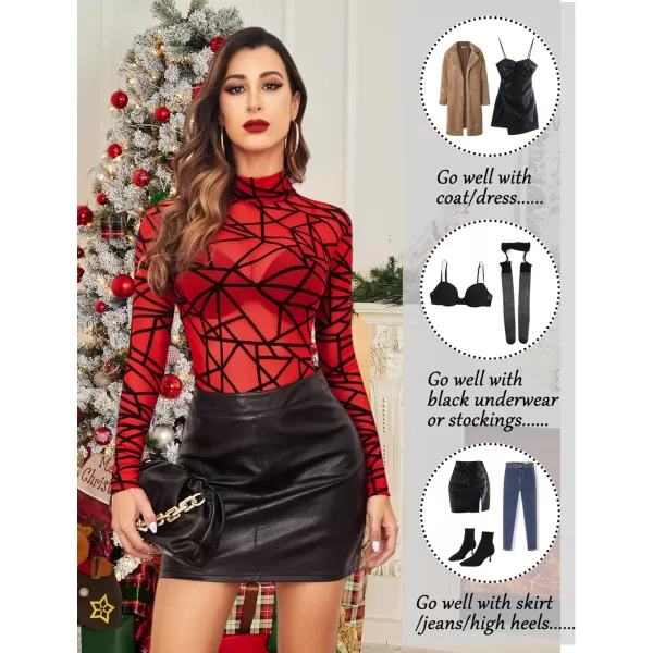 Avidlove Long Sleeve Bodysuit for Women Turtleneck Sheer Mesh Bodysuit Geo Print LeotardsLong Sleeve Red