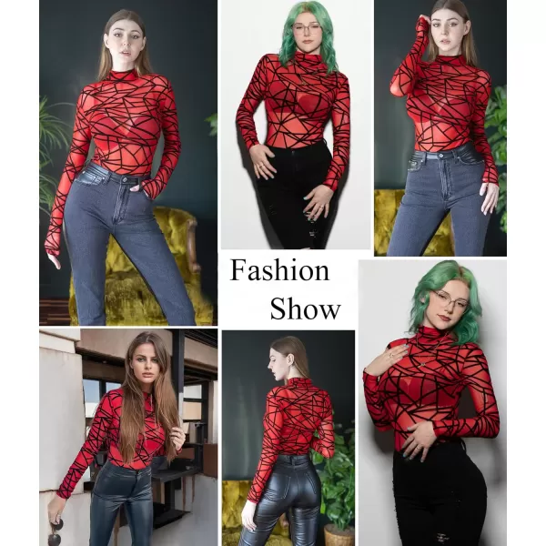 Avidlove Long Sleeve Bodysuit for Women Turtleneck Sheer Mesh Bodysuit Geo Print LeotardsLong Sleeve Red