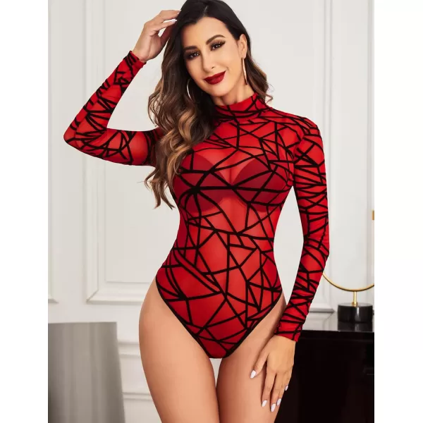 Avidlove Long Sleeve Bodysuit for Women Turtleneck Sheer Mesh Bodysuit Geo Print LeotardsLong Sleeve Red