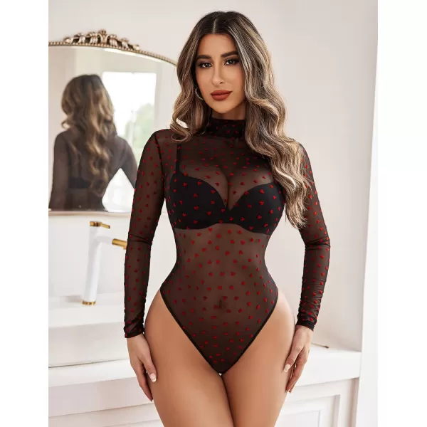 Avidlove Long Sleeve Bodysuit for Women Turtleneck Sheer Mesh Bodysuit Geo Print LeotardsLong Sleeve Red Heart