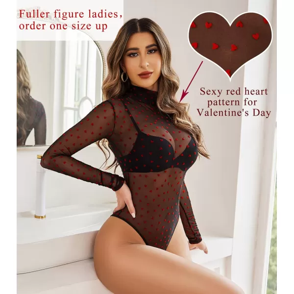 Avidlove Long Sleeve Bodysuit for Women Turtleneck Sheer Mesh Bodysuit Geo Print LeotardsLong Sleeve Red Heart