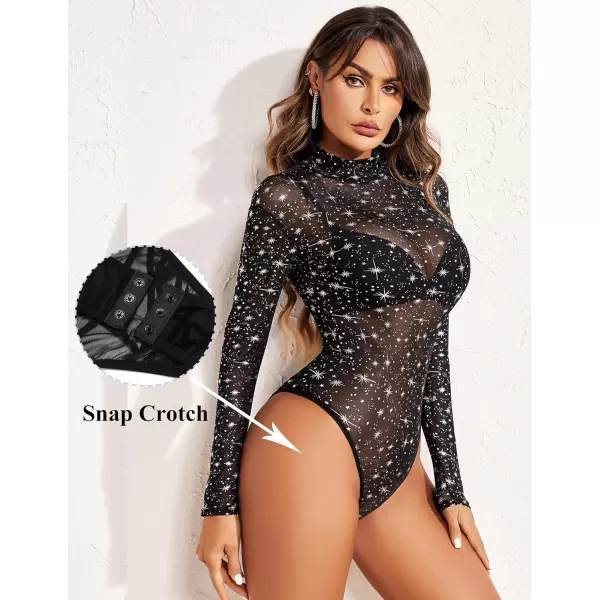 Avidlove Long Sleeve Bodysuit for Women Turtleneck Sheer Mesh Bodysuit Geo Print LeotardsLong Sleeve Sparkle Star