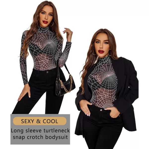 Avidlove Long Sleeve Bodysuit for Women Turtleneck Sheer Mesh Bodysuit Geo Print LeotardsLong Sleeve Spiderartprint