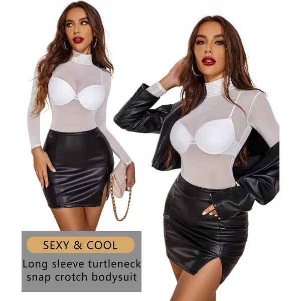 Avidlove Long Sleeve Bodysuit for Women Turtleneck Sheer Mesh Bodysuit Geo Print LeotardsLong Sleeve White