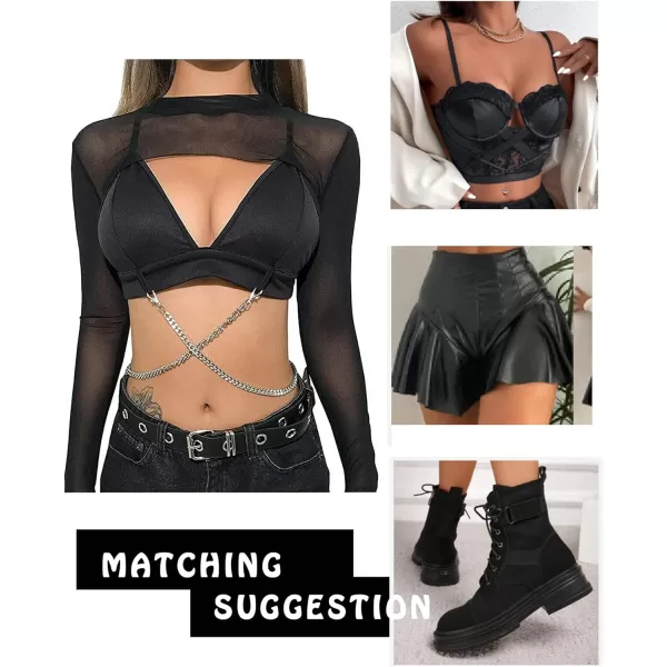 Avidlove Mesh Crop Tops for Women Mock Neck Long Sleeve Crop Top See Through Shirt Top Sexy ClubwearBlack