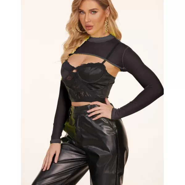 Avidlove Mesh Crop Tops for Women Mock Neck Long Sleeve Crop Top See Through Shirt Top Sexy ClubwearBlack