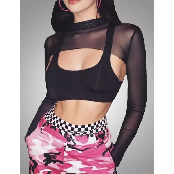 Avidlove Mesh Crop Tops for Women Mock Neck Long Sleeve Crop Top See Through Shirt Top Sexy ClubwearBlack