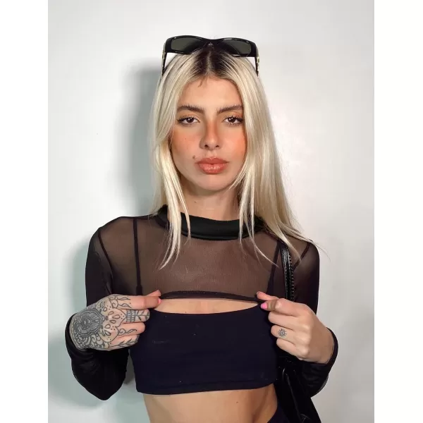 Avidlove Mesh Crop Tops for Women Mock Neck Long Sleeve Crop Top See Through Shirt Top Sexy ClubwearBlack