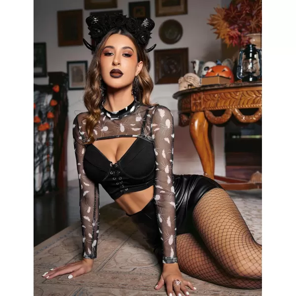 Avidlove Mesh Crop Tops for Women Mock Neck Long Sleeve Crop Top See Through Shirt Top Sexy ClubwearBlack White Spider