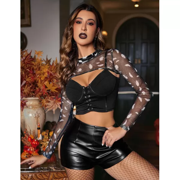 Avidlove Mesh Crop Tops for Women Mock Neck Long Sleeve Crop Top See Through Shirt Top Sexy ClubwearBlack White Spider