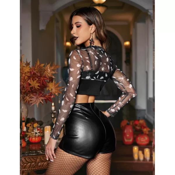 Avidlove Mesh Crop Tops for Women Mock Neck Long Sleeve Crop Top See Through Shirt Top Sexy ClubwearBlack White Spider