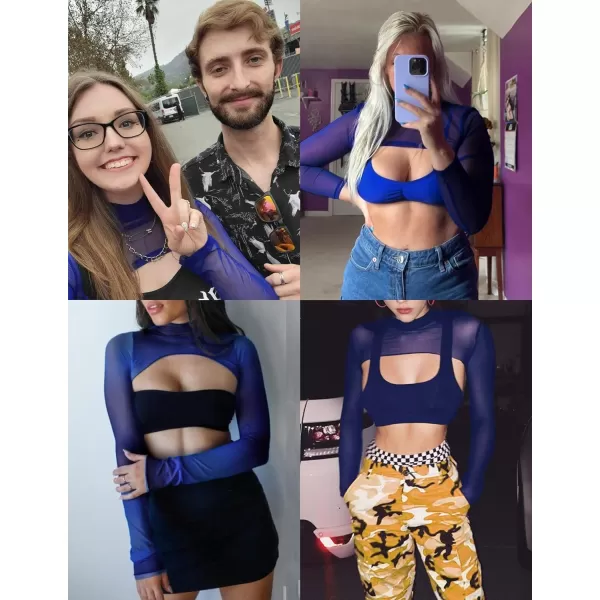 Avidlove Mesh Crop Tops for Women Mock Neck Long Sleeve Crop Top See Through Shirt Top Sexy ClubwearBlue