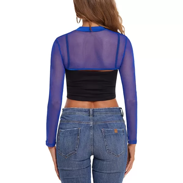 Avidlove Mesh Crop Tops for Women Mock Neck Long Sleeve Crop Top See Through Shirt Top Sexy ClubwearBlue