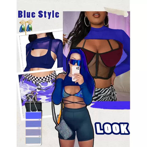 Avidlove Mesh Crop Tops for Women Mock Neck Long Sleeve Crop Top See Through Shirt Top Sexy ClubwearBlue