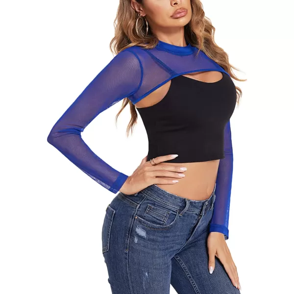 Avidlove Mesh Crop Tops for Women Mock Neck Long Sleeve Crop Top See Through Shirt Top Sexy ClubwearBlue