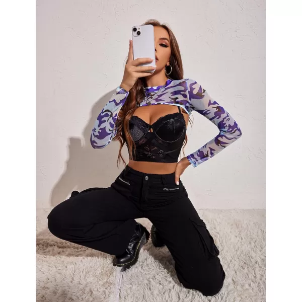 Avidlove Mesh Crop Tops for Women Mock Neck Long Sleeve Crop Top See Through Shirt Top Sexy ClubwearBlue Camouflage