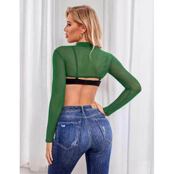 Avidlove Mesh Crop Tops for Women Mock Neck Long Sleeve Crop Top See Through Shirt Top Sexy ClubwearGreen