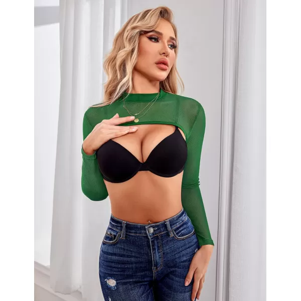 Avidlove Mesh Crop Tops for Women Mock Neck Long Sleeve Crop Top See Through Shirt Top Sexy ClubwearGreen