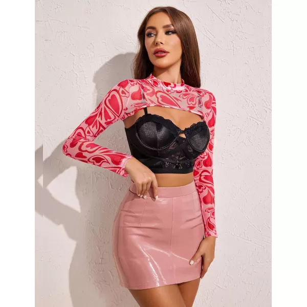 Avidlove Mesh Crop Tops for Women Mock Neck Long Sleeve Crop Top See Through Shirt Top Sexy ClubwearHeart