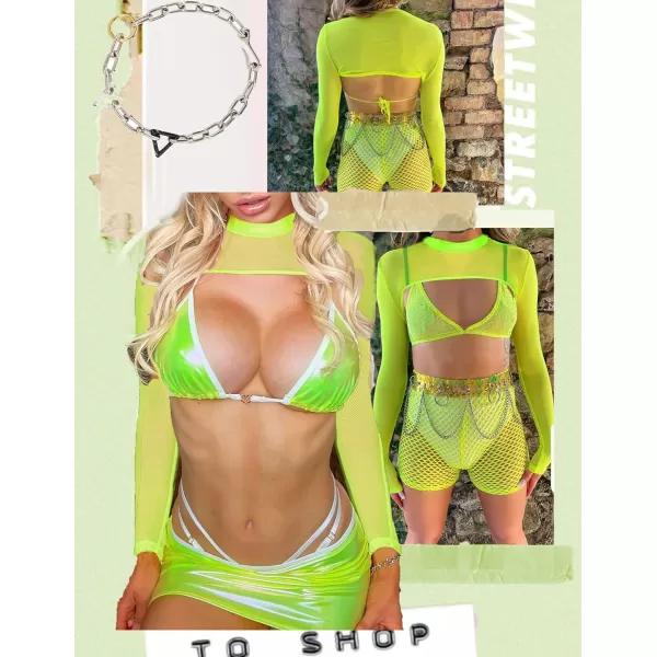 Avidlove Mesh Crop Tops for Women Mock Neck Long Sleeve Crop Top See Through Shirt Top Sexy ClubwearNeon Green