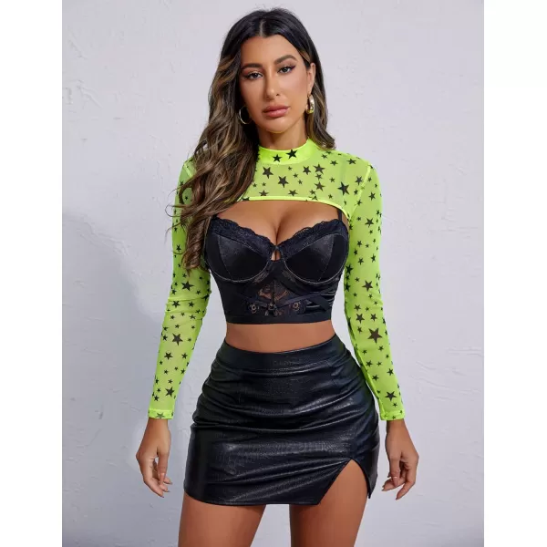 Avidlove Mesh Crop Tops for Women Mock Neck Long Sleeve Crop Top See Through Shirt Top Sexy ClubwearNeon Greenstar