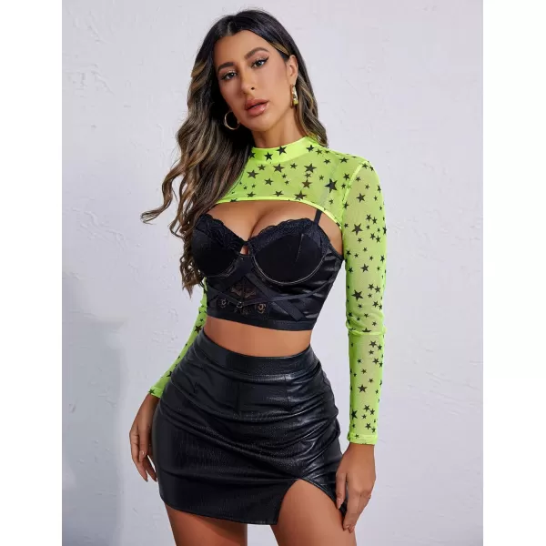 Avidlove Mesh Crop Tops for Women Mock Neck Long Sleeve Crop Top See Through Shirt Top Sexy ClubwearNeon Greenstar