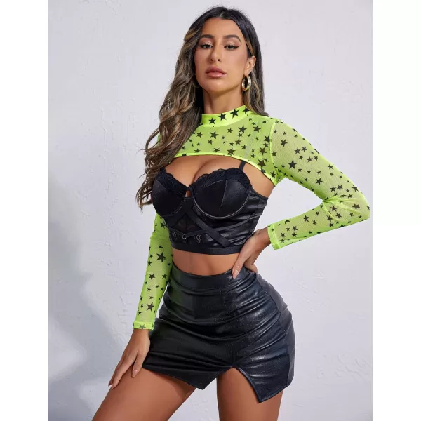 Avidlove Mesh Crop Tops for Women Mock Neck Long Sleeve Crop Top See Through Shirt Top Sexy ClubwearNeon Greenstar