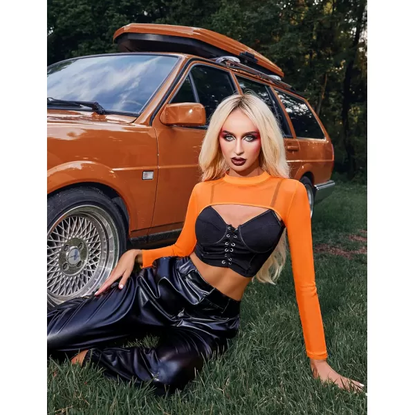 Avidlove Mesh Crop Tops for Women Mock Neck Long Sleeve Crop Top See Through Shirt Top Sexy ClubwearOrange