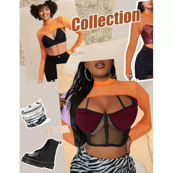 Avidlove Mesh Crop Tops for Women Mock Neck Long Sleeve Crop Top See Through Shirt Top Sexy ClubwearOrange