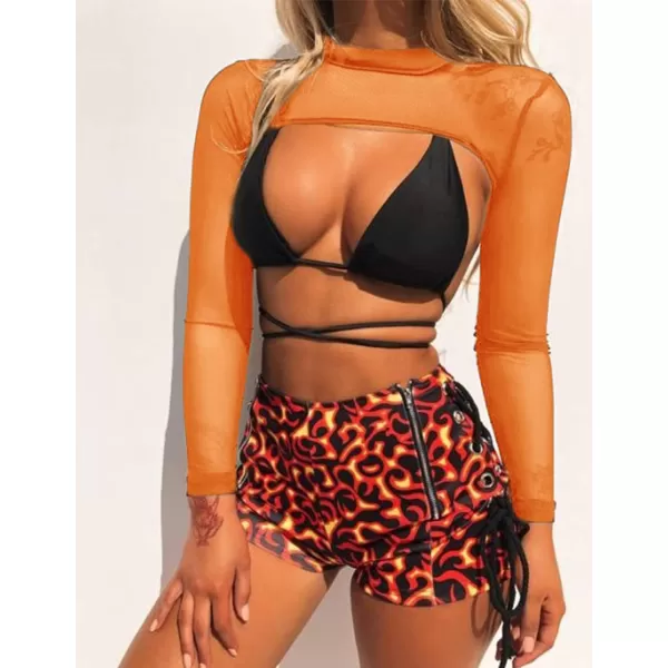 Avidlove Mesh Crop Tops for Women Mock Neck Long Sleeve Crop Top See Through Shirt Top Sexy ClubwearOrange